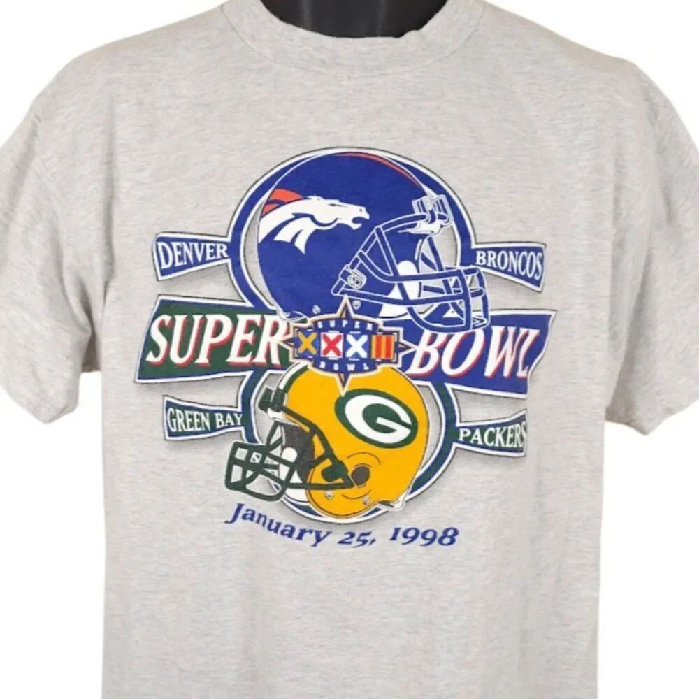 Vintage Super Bowl XXXII T Shirt Mens Size XL Gray 90s Denver Broncos Packers